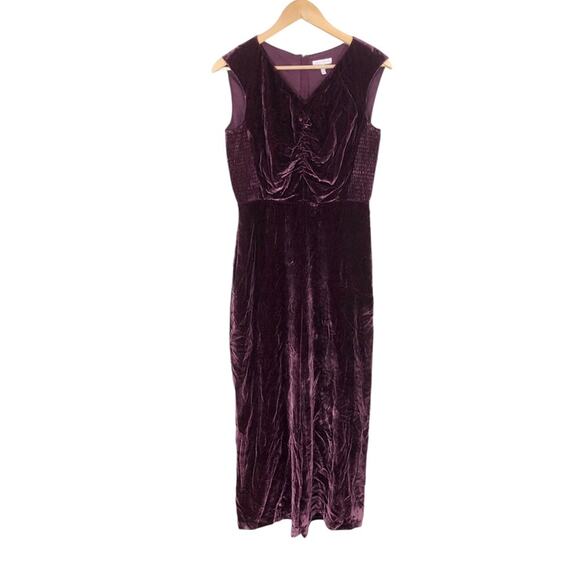 Rebecca Taylor Purple Velvet Sleeveless Ruched Smocked Jumpsuit Size 6 - Picture 1 of 6